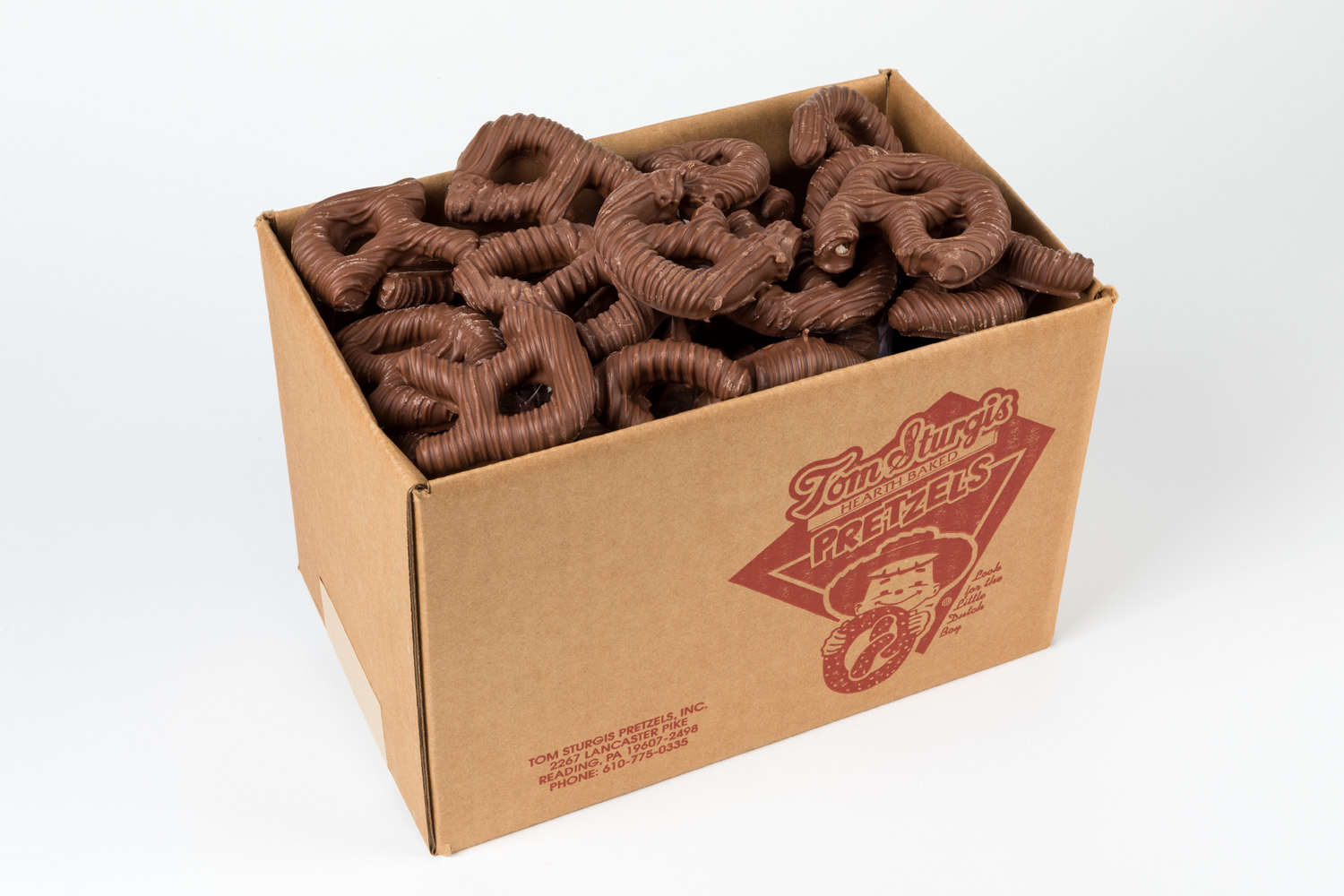 Chocolate pretzels in a carton.